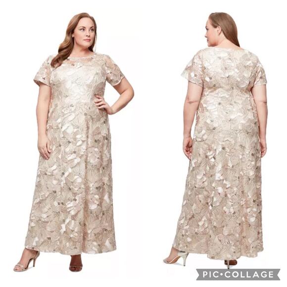 Alex Evenings Champagne Gold Sequined Soutache Evening Gown Size 14 - Picture 1 of 9